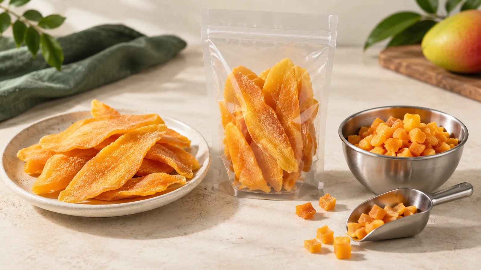 Hirisan mangga kering dan mangga potong dadu berbanding dua spesifikasi produk