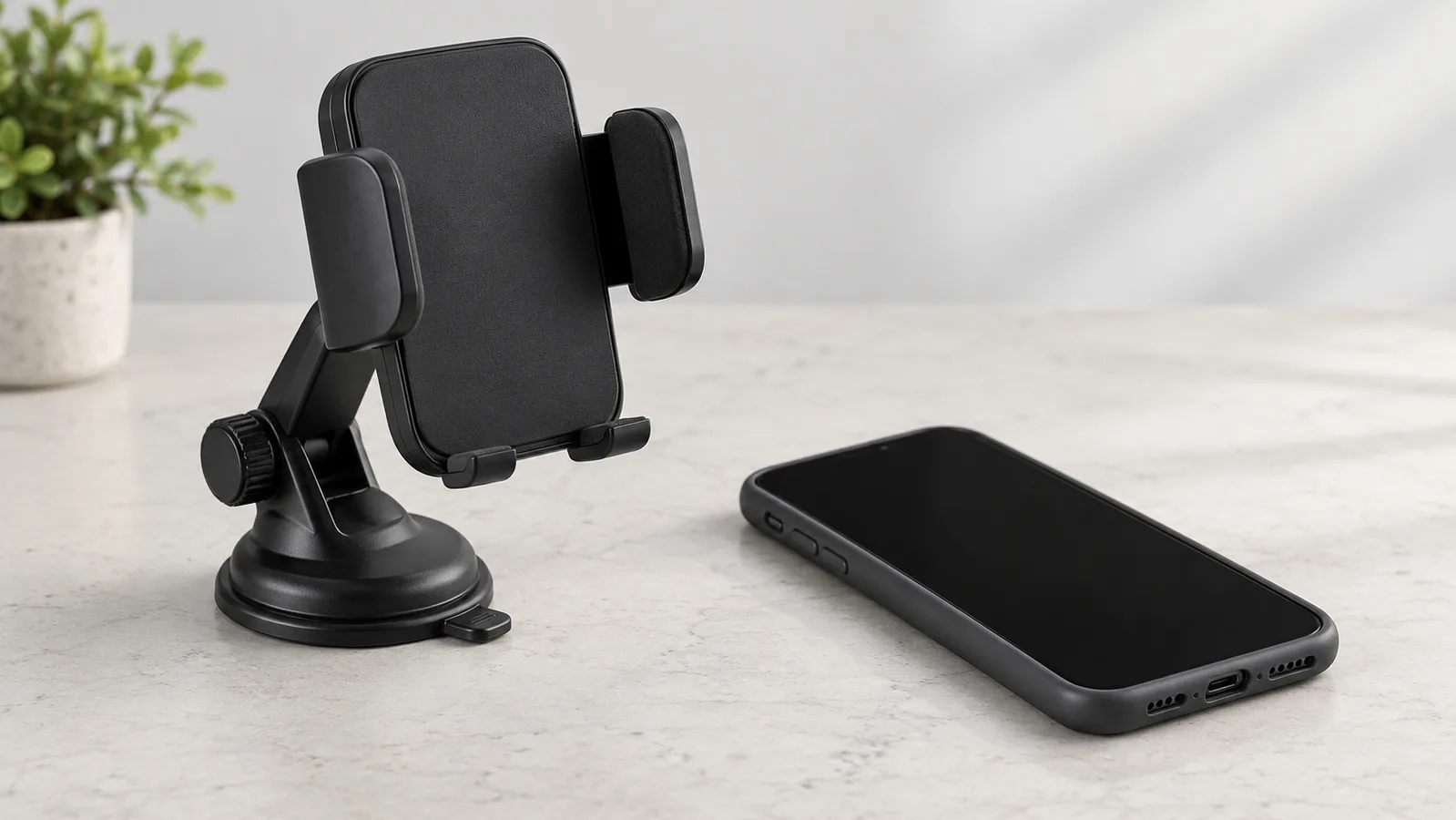 Pemegang telefon gaya pengapit generik pada meja semakan sampel neutral di sebelah telefon bersarung tanpa jenama
