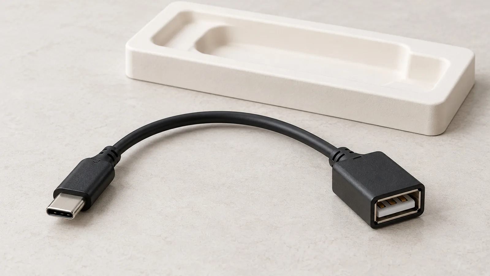 Kabel penyesuai USB generik dengan kedua-dua hujung penyambung kelihatan pada permukaan pemeriksaan neutral