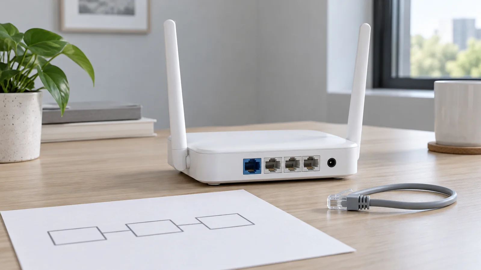 Penghala Wi-Fi desktop putih tidak berjenama dengan port Ethernet belakang yang boleh dilihat di sebelah lakaran rangkaian ringkas