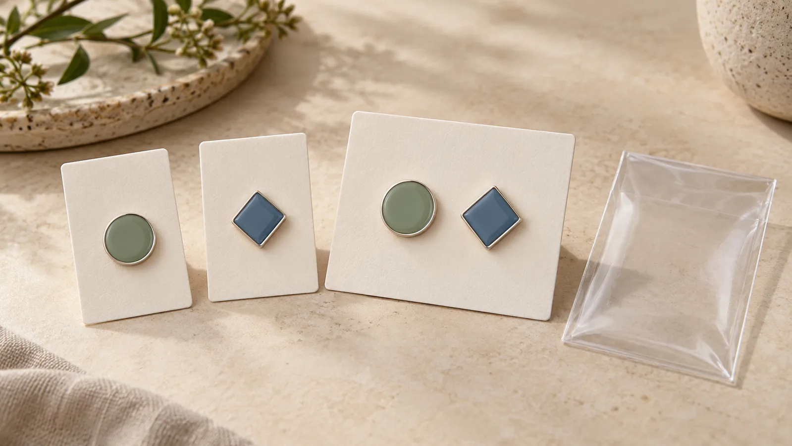 Lencana enamel geometri dipasang pada kad paparan biasa di sebelah set dua lencana