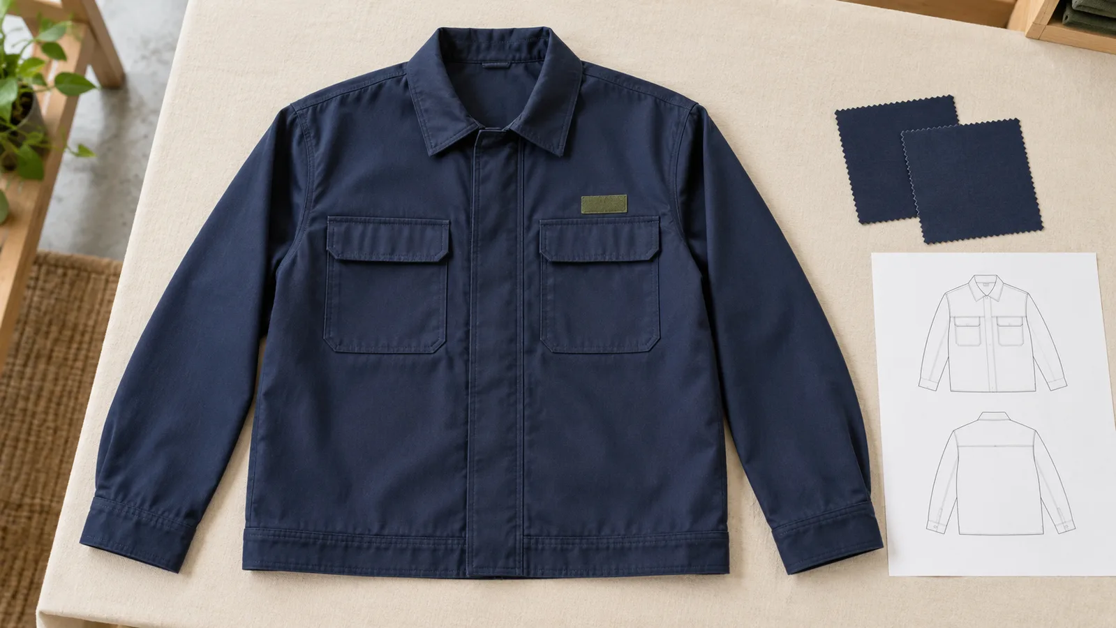 Contoh jaket pakaian kerja biasa dengan butiran poket yang boleh dilihat di sebelah swatch tekstil