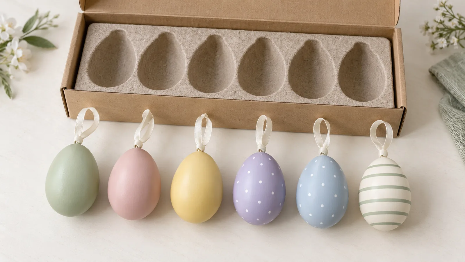 Hiasan gantung Pastel Pastel telur disusun di sebelah dulang pembungkusan runcit petak mereka
