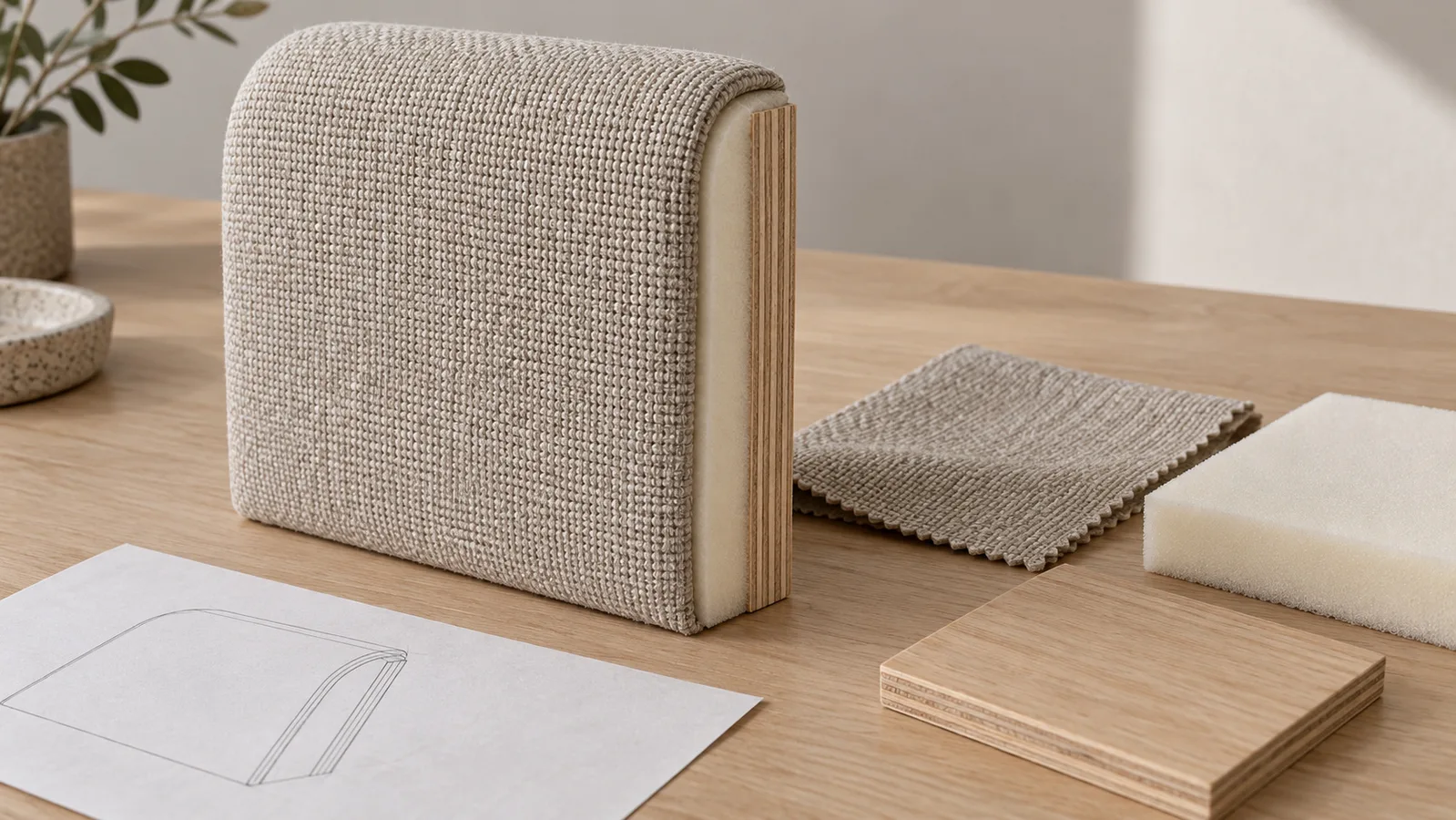 Sampel bahagian kepala katil upholsteri di sebelah kepingan fabrik, buih dan substrat yang berasingan